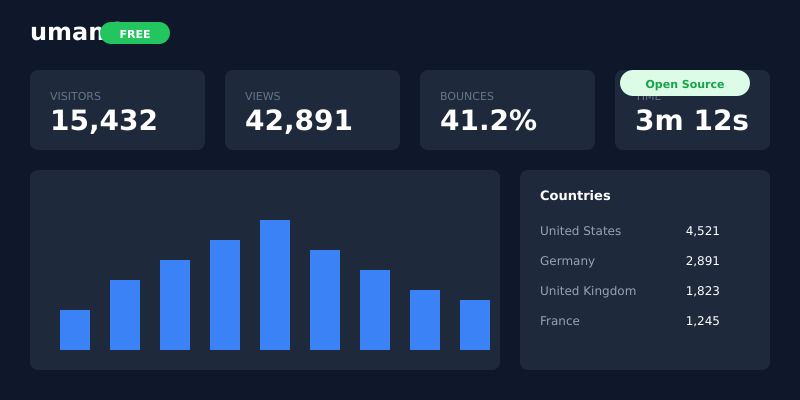 Umami open-source analytics dashboard with real-time visitor data