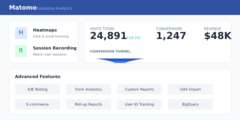 Matomo Analytics dashboard showing comprehensive visitor analytics and reporting features