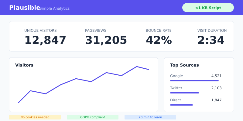 Plausible Analytics clean dashboard with simple traffic metrics and minimal interface