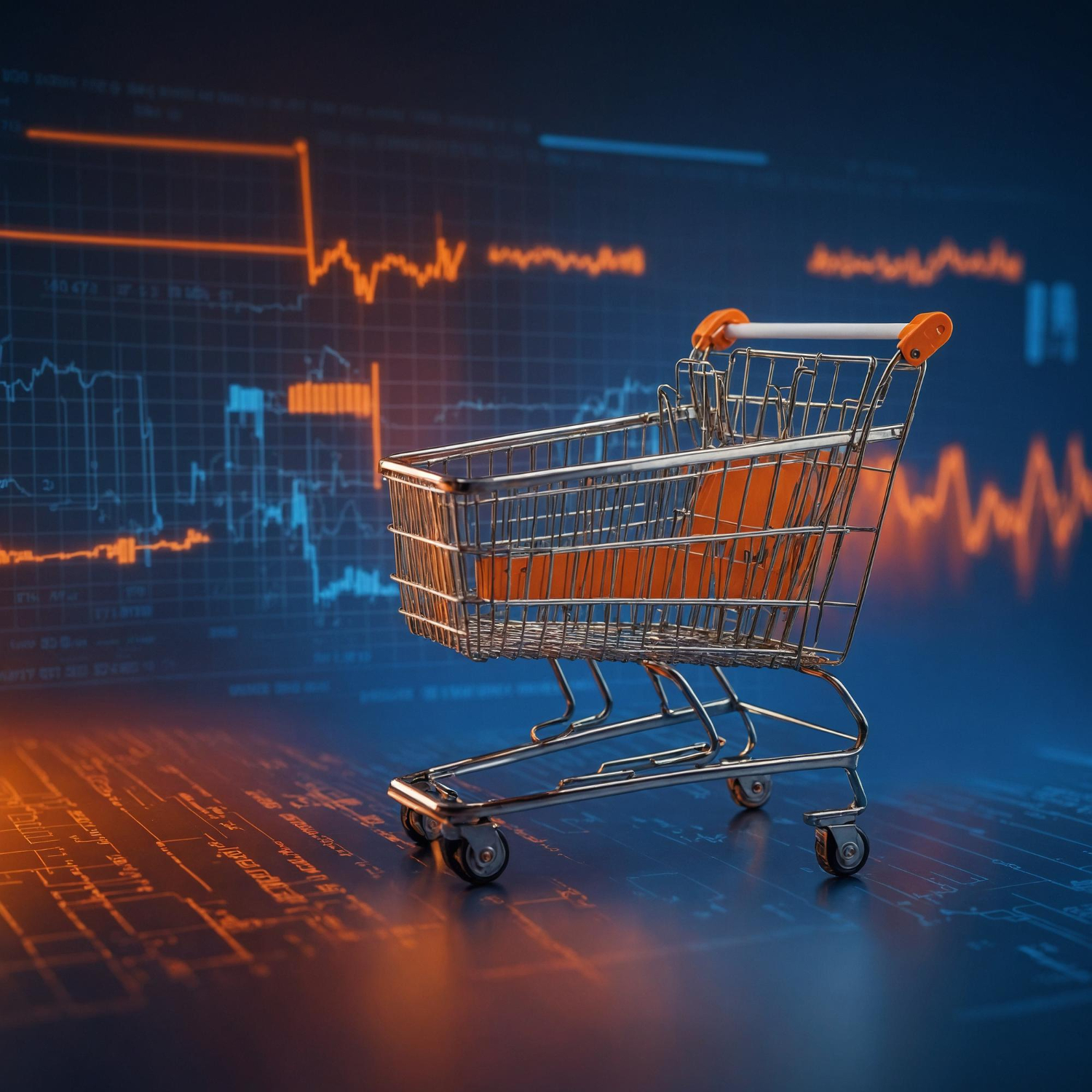 Shopping cart with stock charts showing e-commerce performance metrics