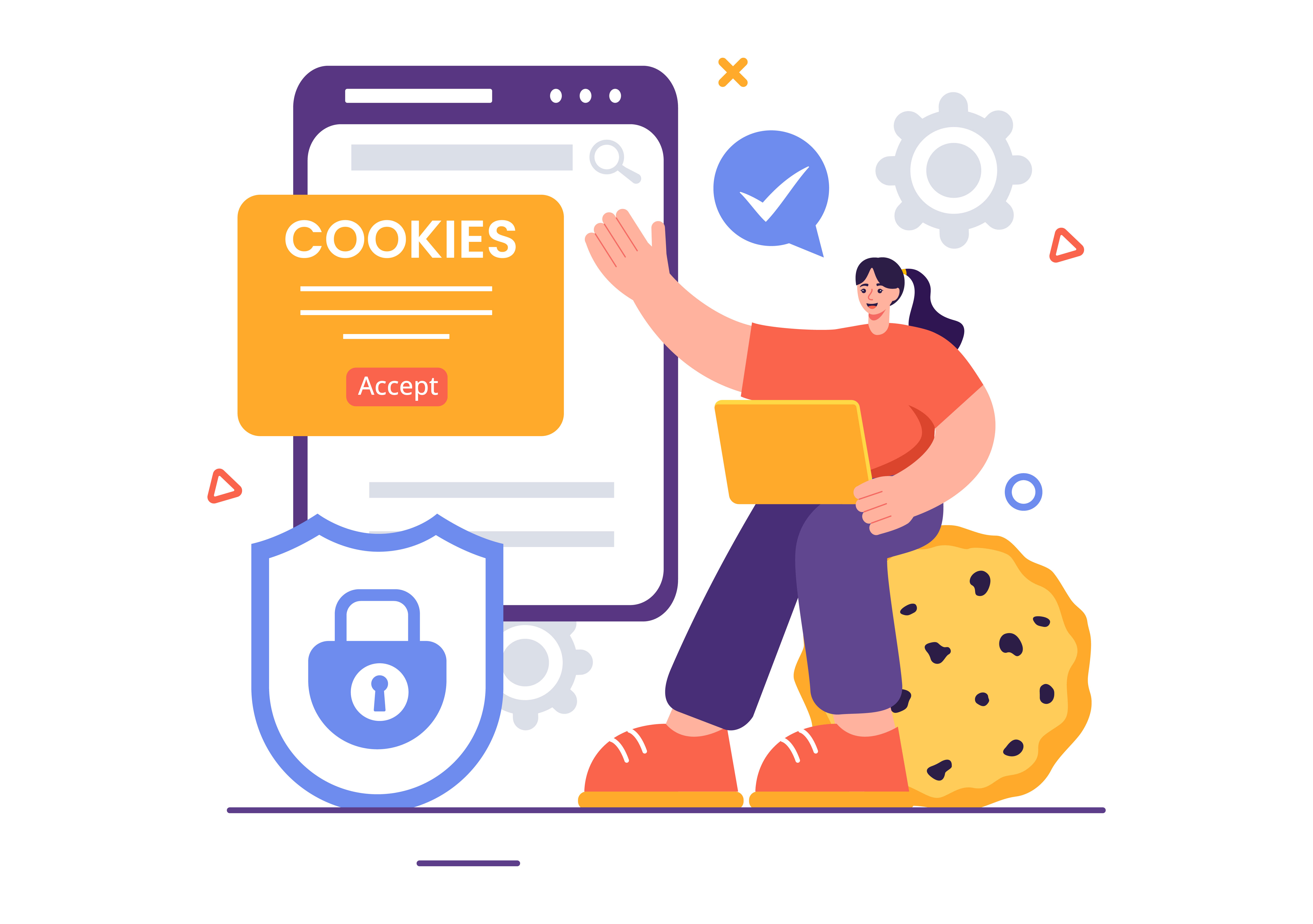 Cookie consent banner illustration with accept and reject options on laptop