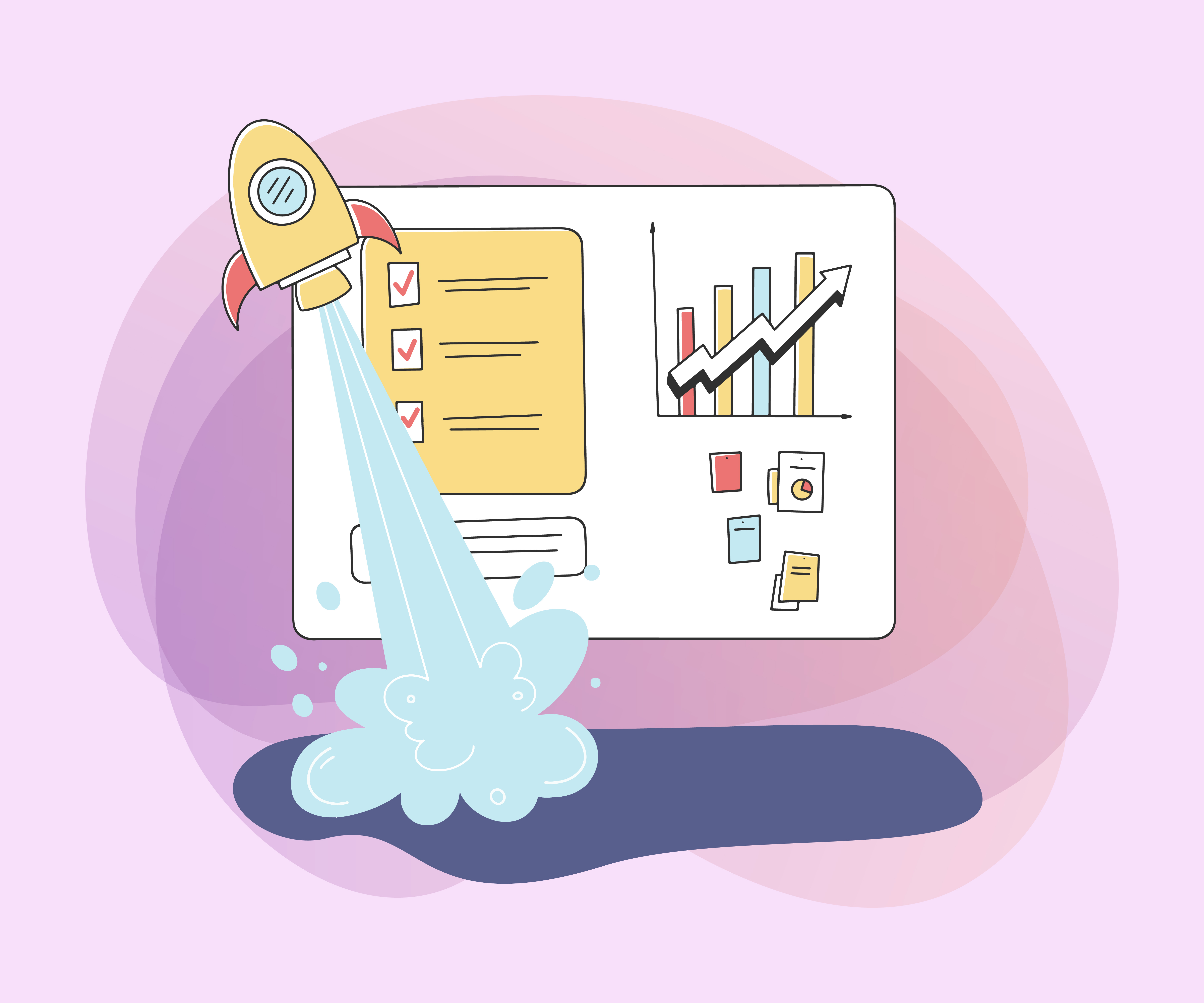 Startup checklist with rocket launch representing growth stages