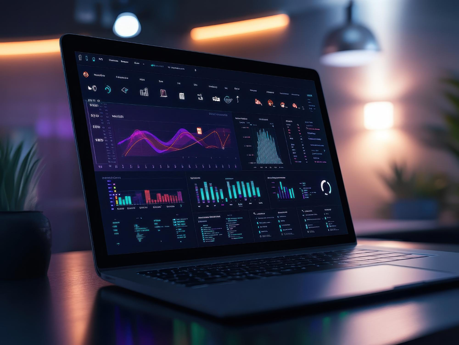Analytics dashboard in dark mode on laptop showing detailed product metrics