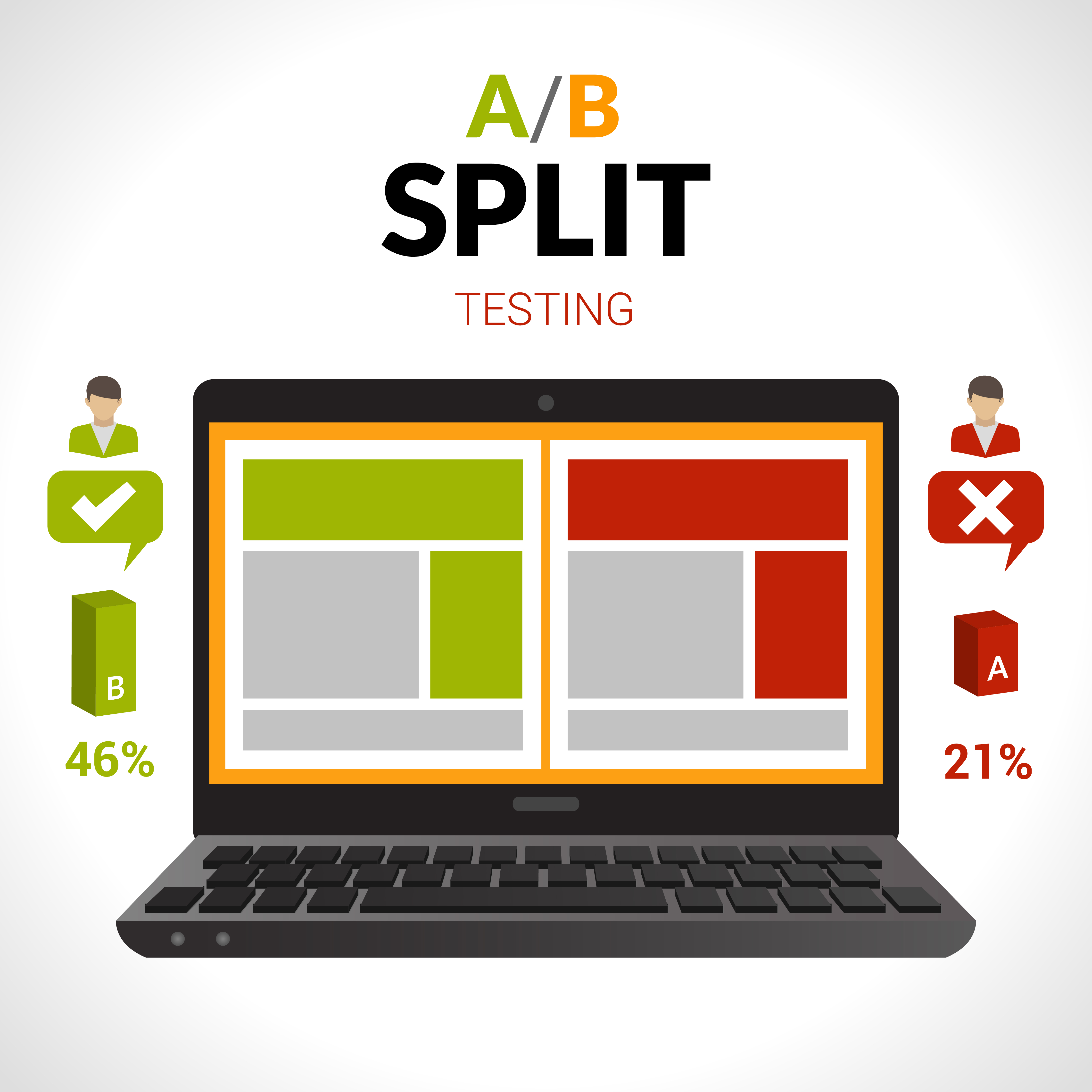 A/B split testing illustration on laptop showing experiment comparison